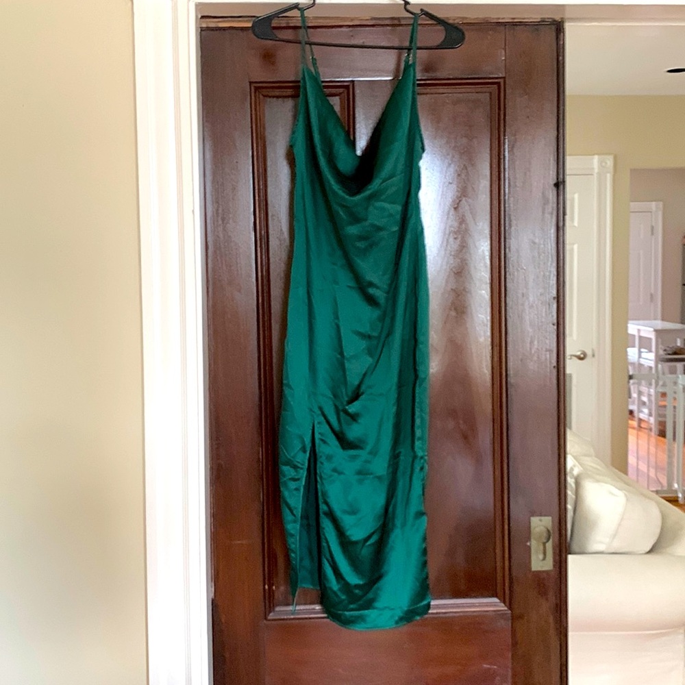 Pretty Little Thing satin emerald green midi with cowl neck. US 6. Never worn